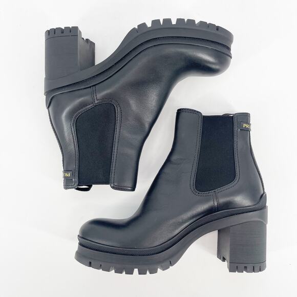 Prada Black Leather Double Gore Lug Sole Block Heel Chelsea Ankle Boot IT 36 - Picture 5 of 14
